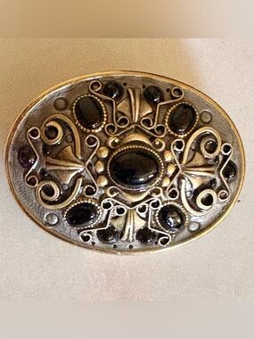 Michal Golan Onyx Oval Brooch or Pendant, Gold Vermeil Victorian Jewelry Signed